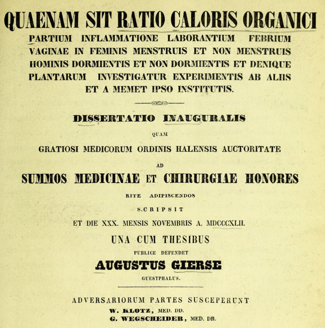 Title page of Gierse's 1842 dissertation on organic heat