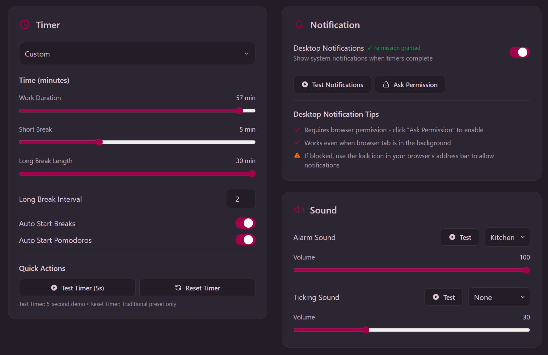 Pomodo Pomodoro Timer settings panel showing preset options and customization controls