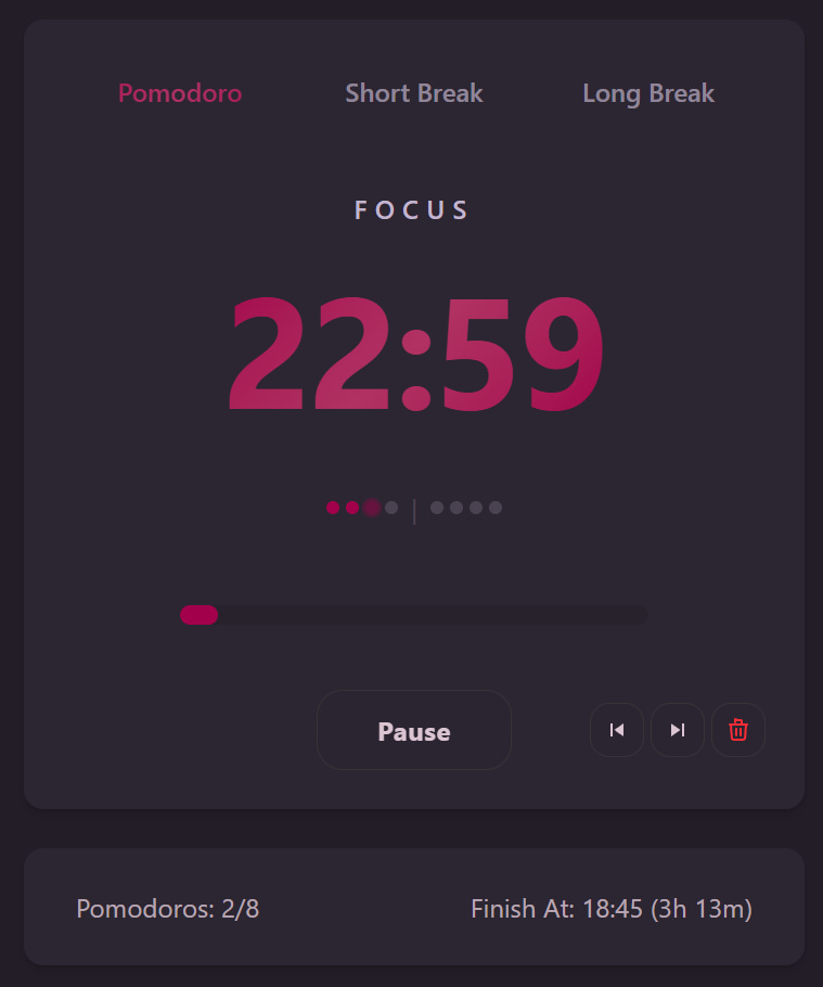 The Pomodoro Technique in action: a focused 25-minute work session with progress tracking and session controls