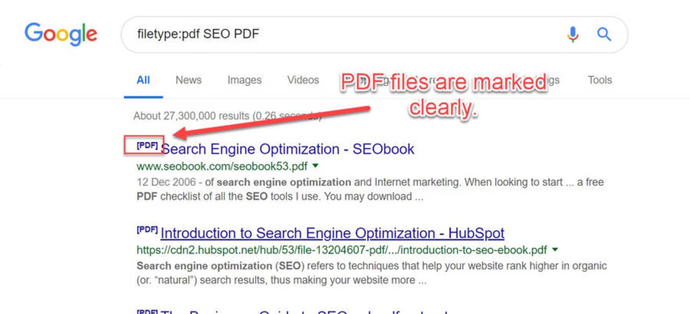 The SERP results page shows the PDF in superscript to the left of each result