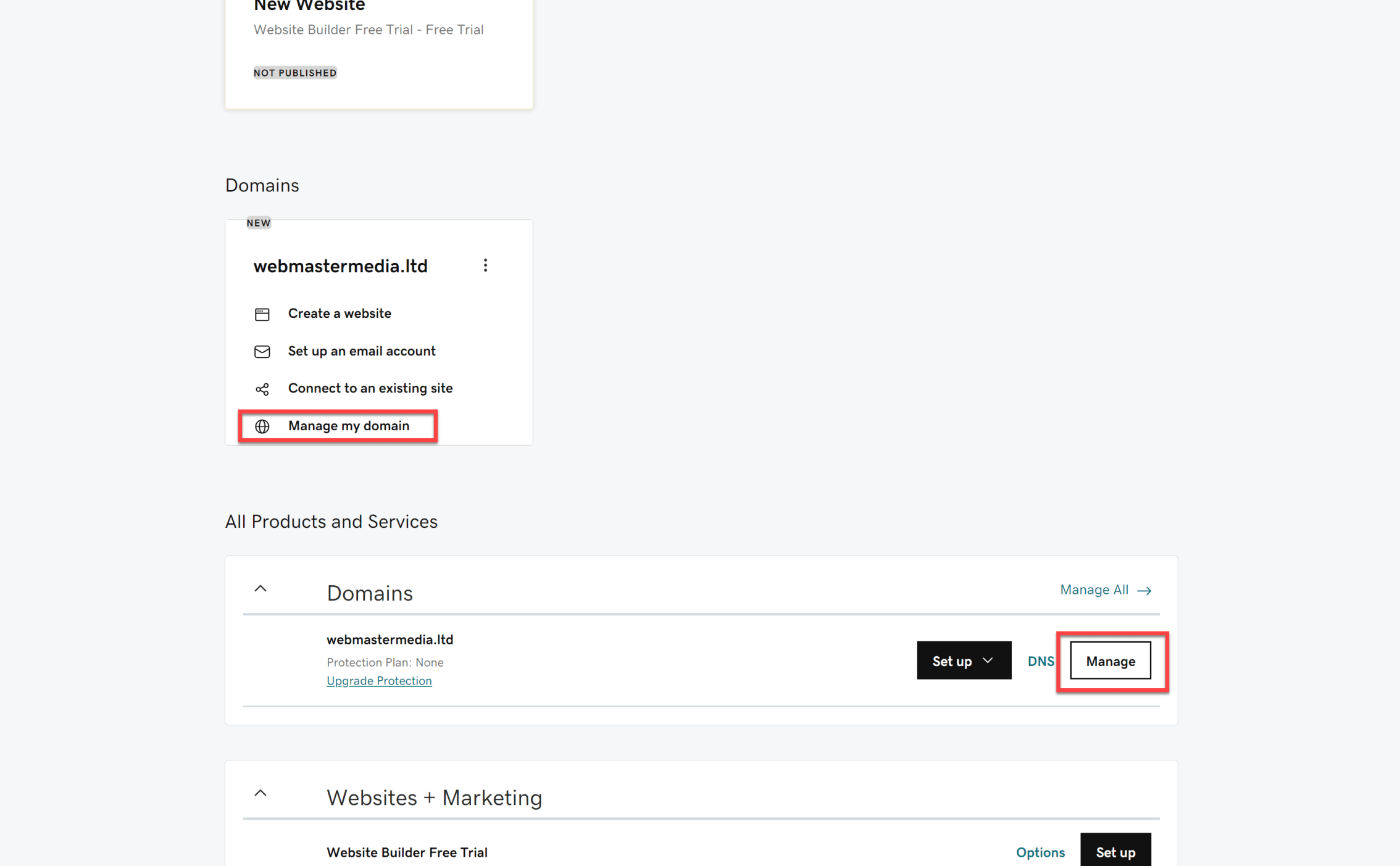 GoDaddy Manage my domain.